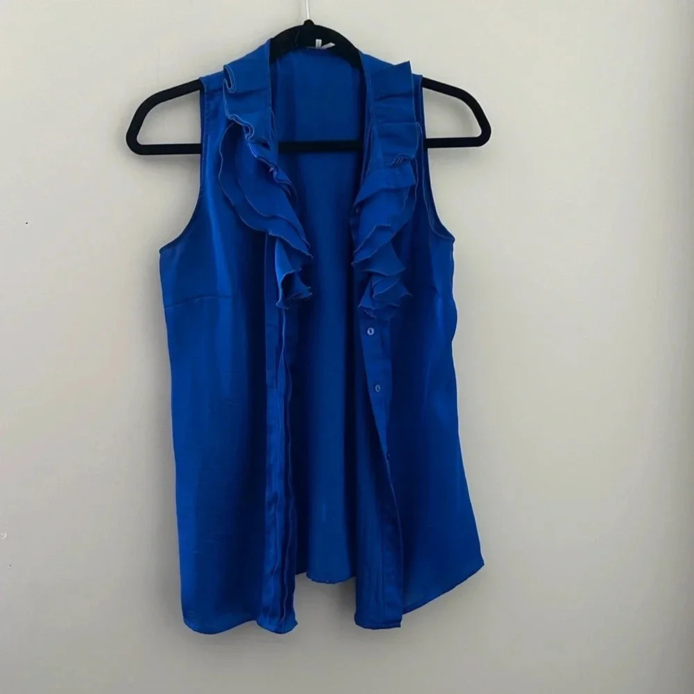 Lapis Royal Blue Sleeveless Ruffle Front Blouse Women’s Size L